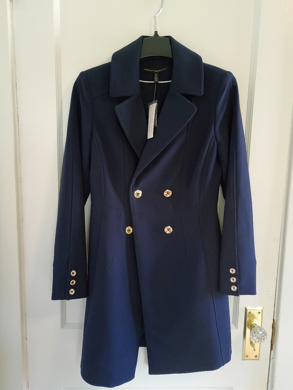 NWT XS Women's Knee Length Navy Button Jacket White House Black Market Coat